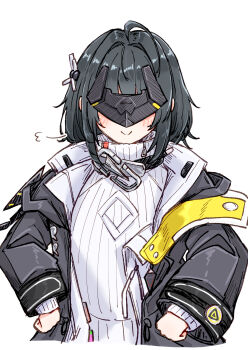 1girl absurdres ahoge arknights arknights:_endfield black_hair black_jacket blush commentary_request cropped_torso dress endministrator_(arknights) eye_mask female_endministrator_(arknights) hair_ornament hairclip highres jacket long_sleeves maiq06 mask medium_hair open_clothes open_jacket puff_of_air sidelocks simple_background smile solo sweater sweater_dress white_background white_sweater
