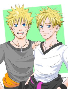 Rule 34 | 2boys, aged up, alternate universe, blonde hair, blue eyes, boruto: naruto next generations, clothes around waist, commentary request, facial mark, green background, hand on another's shoulder, hands in pockets, highres, jacket, jacket around waist, jewelry, male focus, matsu (fu6ide2), multiple boys, naruto (series), naruto shippuuden, necklace, open mouth, revision, shirt, smile, t-shirt, time paradox, uzumaki boruto, uzumaki naruto, whisker markings, wristband