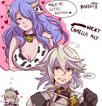 Rule 34 | 1girl, 2boys, animal ears, animal print, breasts, camilla (fire emblem), cleavage, closed eyes, cow ears, cow horns, cow print, cow print bikini, cowbell, dragon boy, drooling, fire emblem, fire emblem fates, grey hair, hair over one eye, heart, horns, karbuitt, large breasts, long hair, male corrin (fire emblem), multiple boys, nintendo, one eye covered, pointy ears, print bikini, purple eyes, purple hair, red eyes, simple background, speech bubble, sweat, takumi (fire emblem), thought bubble, thumbs up, wavy hair, white hair