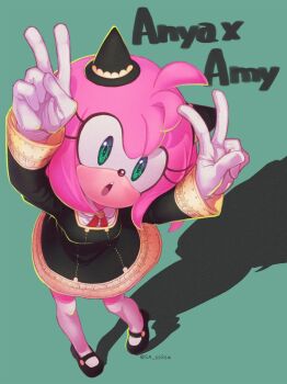 Rule 34 | :o, amy rose, anya (spy x family), black dress, bow, bowtie, cosplay, dress, gloves, green eyes, highres, horn ornament, horns, konjiki ringo, looking up, medium hair, multicolored hair, pink fur, pink hair, sa ssssa, sega, shoes, shueisha, socks, sonic (series), spy x family, two-tone fur, two-tone hair, v