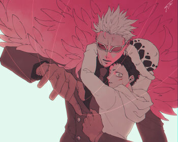 2boys aki_1x0 black_hair blonde_hair blood blood_on_face business_suit coat commentary_request constricted_pupils donquixote_doflamingo formal_clothes gloves hat highres hood hoodie multiple_boys one_piece pink_coat red-tinted_eyewear string suit tinted_eyewear trafalgar_law upper_body white-framed_eyewear white_background white_hat white_hoodie