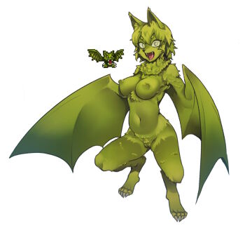 1girl :d bat_wings breasts colored_nipples digitigrade fangs full_body fur furry furry_female giant_flying_fox_(terraria) green_fur green_hair green_nipples green_wings hair_between_eyes highres looking_at_viewer medium_breasts monster_girl navel nipples nude nyong_nyong open_mouth personification pussy reference_inset saliva sharp_toenails short_hair simple_background smile solo terraria third-party_edit toenails tongue tongue_out uncensored white_background winged_arms wings yellow_eyes