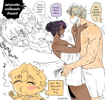 Rule 34 | 1boy, 1girl, anger vein, blonde hair, blush, chibi, closed eyes, collarbone, commentary request, couple, cowboy shot, dark-skinned female, dark skin, eyelashes, hair between eyes, hair bun, hand on another's face, hand on another's neck, highres, hug, looking at another, medium hair, multiple scars, muscular, muscular male, musical note, no pupils, nose, open mouth, original, purple hair, razor, red eyes, scar, scar on arm, scar on back, scar on chin, scar on face, scar on hand, scar on shoulder, scar on stomach, scars all over, shaving, shaving cream, short hair, shoulder blush, sidelocks, simple background, speech bubble, straight razor, thai commentary, thai text, too many, towel, towel around waist, translation request, twitter username, unholymilk, upper body, waist hug, white background