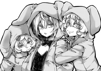 3girls animal_ear_hood animal_ears animal_hood black_leotard commentary_request detached_collar disgust fake_animal_ears flat_chest fluffy_hair frown greyscale hair_between_eyes hal_(goshujinomocha) hood hood_up hoodie leotard long_sleeves looking_at_viewer messy_hair monochrome multiple_girls onesie open_mouth playboy_bunny rabbit_ears short_hair simple_background smile strapless strapless_leotard tanya_degurechaff tanya_degurechaff_(anime) tanya_degurechaff_(light_novel) tanya_degurechaff_(manga) tongue white_background youjo_senki