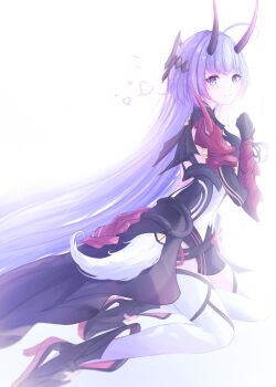 Rule 34 | 1girl, ahoge, armor, boots, closed mouth, commentary request, high heel boots, high heels, highres, honkai (series), honkai impact 3rd, horns, long hair, looking at viewer, pauldrons, purple eyes, purple hair, raiden mei, raiden mei (herrscher of thunder), shoulder armor, simple background, single pauldron, snowpix, solo, thighhighs, very long hair, white background, white thighhighs