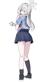 1girl absurdres ass black_shoes black_socks blue_archive blue_shirt blue_skirt blush closed_mouth commentary drink floral_print floral_print_shirt from_behind grey_eyes grey_hair grey_halo halo highres holding holding_drink kneehighs konoka_(blue_archive) long_hair mask mouth_mask one_eye_closed pleated_skirt print_shirt shirt shoes short_sleeves single_kneehigh single_sock skirt smile socks solo tongue tongue_out unamaso white_mask