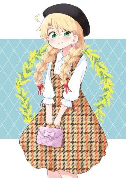 1girl :3 ahoge bag beret black_hat blonde_hair blush braid closed_mouth commentary_request dress green_eyes handbag hat highres himesaka_noa holding holding_bag long_hair looking_at_viewer mukunoki_nanatsu official_artist_extra plaid_clothes plaid_dress smile solo standing twin_braids watashi_ni_tenshi_ga_maiorita!