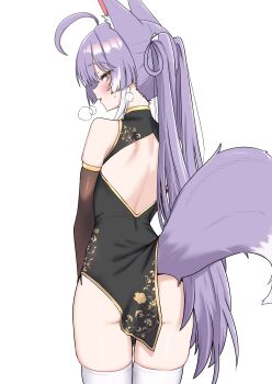 1girl absurdres ahoge all_fours animal_ear_fluff animal_ears ass back_cutout black_dress blush breath bright_pupils brown_eyes china_dress chinese_clothes clothing_cutout commentary_request dress fox_ears fox_girl fox_tail from_behind highres korean_commentary long_hair looking_at_viewer median_furrow oldsickkim purple_hair shoulder_blades sideways_glance simple_background skindentation solo stellive sweat tail tail_through_clothes tenko_shibuki thighhighs twintails very_long_hair virtual_youtuber white_background white_pupils white_thighhighs