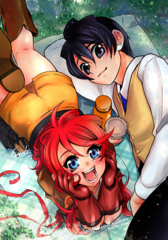 Rule 34 | black eyes, black hair, black pants, blue eyes, blue necktie, blush, boots, brown boots, from above, gemini sunrise, gloves, hands on own cheeks, hands on own face, jacket, kannah, looking at viewer, lying, necktie, on side, on stomach, open mouth, orange jacket, orange skirt, pants, picnic blanket, ponytail, red gloves, red hair, sakura taisen, sakura taisen v, shirt, sidelocks, skirt, smile, taiga shinjirou, vest, white shirt, yellow vest