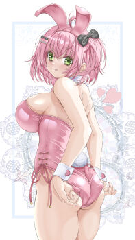 1girl absurdres ahoge akiha_(akiha_ttt) animal_ear_hairband animal_ears ass back black_bow blush bow breasts detached_collar fake_animal_ears from_behind green_eyes hair_bow hair_ornament hairband hairclip heart highres lace_background large_breasts leotard leotard_pull licking_lips looking_back original pink_hair pink_hairband pink_leotard playboy_bunny rabbit_ear_hairband rabbit_ears rabbit_tail short_hair side-tie_leotard skindentation smile solo tongue tongue_out wedgie white_background wrist_cuffs