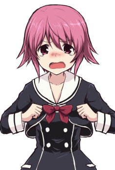 1girl angry blush bow buttons chaos;child chest_bow clenched_hands cropped_jacket crying double-breasted dress_vest frown gonoike_biwa hekiho_academy_school_uniform long_sleeves looking_at_viewer onoe_serika open_mouth pink_eyes pink_hair red_bow sailor_collar school_uniform science_adventure short_hair_with_long_locks simple_background solo white_background white_sailor_collar