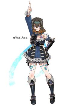 Rule 34 | 1girl, arm up, blonde hair, bloodstained: ritual of the night, bloodstained (series), blue eyes, brown hair, closed mouth, commentary request, dress, frills, gradient hair, hair between eyes, hair ornament, hand on own hip, index finger raised, leg tattoo, long hair, looking at viewer, miriam (bloodstained), multicolored hair, rosie rosie, simple background, smile, solo, tattoo, twitter username, two-tone hair, white background