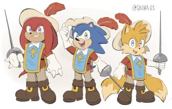 boots cape cosplay disney donald_duck echidna_(animal) fox goofy hat hedgehog knuckles_the_echidna mickey_mouse multiple_tails musketeer qkora01 role_playing roleplay sega smile sonic_(series) sonic_the_hedgehog sword tail tails_(sonic) the_three_musketeers two_tails weapon