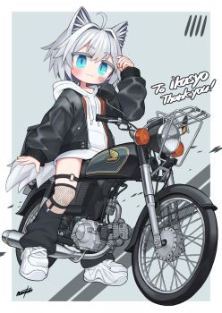 1girl :3 ahoge animal_ears arm_up bandaid bandaid_on_cheek bandaid_on_face black_jacket black_leg_warmers blue_eyes closed_mouth commission fishnets grey_hair highres hood hood_down hoodie jacket leg_warmers long_sleeves looking_at_viewer motor_vehicle motorcycle nanatsuta open_clothes open_jacket original puffy_long_sleeves puffy_sleeves shoes short_hair skeb_commission sneakers solo tail thick_eyelashes white_hoodie white_shoes wolf_ears wolf_girl wolf_tail