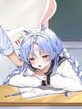 1boy 1girl animal_ear_fluff animal_ears blue_eyes book commentary_request highres hololive mi_kamii2 open_book open_mouth orange_eyes pen rabbit_ears rabbit_girl school_uniform table twintails usada_pekora virtual_youtuber white_hair