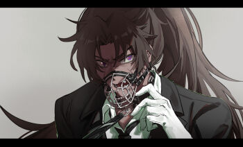 1boy black_choker black_jacket black_necktie brown_hair choker collared_shirt commentary full-stop_office_(identity)_(project_moon) gloves heathcliff_(project_moon) high_ponytail highres jacket kiscript lapels leash letterboxed limbus_company long_hair muzzle_(mask) necktie notched_lapels o-ring o-ring_choker ponytail project_moon shirt simple_background solo symbol-only_commentary very_long_hair viewer_holding_leash white_background white_gloves white_hair