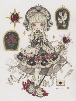 Rule 34 | 1girl, acrylic paint (medium), bird, black gloves, blonde hair, blunt bangs, blush, bow, brooch, cross, crown, dove, feathers, finger to mouth, flower, frilled skirt, frills, full body, gem, gloves, gothic lolita, hair bow, half-closed eyes, headdress, heart, heart brooch, highres, holding, holding staff, instagram logo, instagram username, jewelry, karintoun, lace, letter, lolita fashion, looking at viewer, necklace, original, painting (medium), pale skin, pendant, postage stamp, red eyes, red flower, red rose, ribbon, ringlets, rose, shoes, short hair, shushing, signature, simple background, skirt, solo, sparkle, staff, standing, straight-on, tiara, traditional media, twitter username, twitter x logo, watercolor (medium), watermark, white background