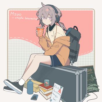 Rule 34 | 1girl, absurdres, ahoge, alternate costume, animal charm, animal print, backpack, bag, black shirt, black shoes, blue shorts, book, bottle, box, brown hair, brown jacket, cardboard box, cat print, character name, charm (object), closed mouth, commentary, cup, drink, drinking straw, english text, fish, flight case, girls' frontline, green bag, grey hair, grid background, hair between eyes, headphones, highres, holding, holding cup, jacket, jacket partially removed, long hair, looking at viewer, low ponytail, m200 (girls' frontline), myticalcat, patrick star, pink background, plant, ponytail, print shirt, shark, shirt, shoes, shorts, sidelocks, socks, solo, turtleneck, turtleneck shirt, white background, white socks, yellow shirt