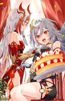 Rule 34 | 2girls, bare shoulders, birthday cake, black dress, black gloves, breasts, cake, commentary request, dress, fingerless gloves, food, forehead jewel, fu hua, fu hua (garuda), gloves, grey hair, hair ornament, herrscher of sentience, highres, holding, holding cake, holding food, honkai (series), honkai impact 3rd, long hair, multicolored hair, multiple girls, open mouth, ramao24, red dress, red eyes, red hair, sitting, small breasts, smile, thighs, two-tone hair, very long hair, white hair