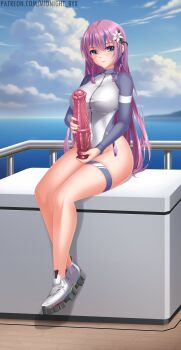 1girl absurdres blue_eyes blue_hair blue_sky braid breasts cloud day dildo dildo_reveal full_body highleg_springsuit highres holding holding_sex_toy horizon horse_dildo huge_dildo large_breasts long_hair long_sleeves midnight_(banyex) multicolored_hair ocean original outdoors purple_hair railing sex_toy shoes side_braids sky solo springsuit streaked_hair twin_braids watermark web_address white_shoes