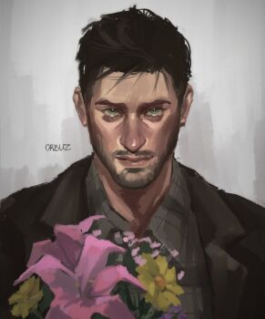 Rule 34 | 1boy, artist name, bags under eyes, black hair, black jacket, bouquet, closed mouth, collared shirt, commentary, death stranding, death stranding 2: on the beach, facial hair, flower, green eyes, hashtag-only commentary, highres, jacket, lapels, lips, looking at viewer, male focus, neil vana, open clothes, open jacket, orbuz228, pink flower, plaid clothes, plaid shirt, shirt, sideburns, solo, wing collar, yellow flower