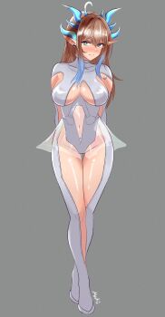 2025 absurdres anb_(anb_draws) arms_behind_back blue_eyes blue_horns breasts brown_hair cinderella_(nikke) crossed_legs dragon_horns dress earrings grey_background highres horns indie_virtual_youtuber jewelry kie_kyoko large_breasts looking_at_viewer pointy_ears see-through_clothes signature silver_dress single_earring