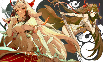 2girls animal_ears bare_shoulders breasts brown_hair dress grin hairband highres large_breasts long_hair looking_at_viewer multiple_girls qingming_sword red_eyes smile sword tail weapon white_dress white_hair ye_shunguang yun-yang zenless_zone_zero