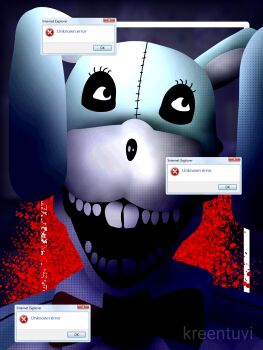 1other absurdres animal_costume animal_ears animatronic artist_name bon_the_rabbit bow bowtie commentary english_commentary english_text highres horror_(theme) kreentuvi looking_at_viewer looking_to_the_side no_humans official_style open_mouth other_focus portrait rabbit_costume rabbit_ears red_bow red_bowtie smile solo teeth the_walten_files window_(computing)