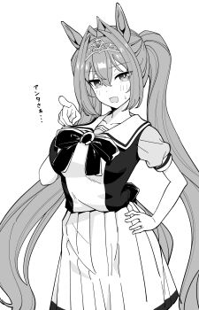 1girl absurdres animal_ears bow breasts daiwa_scarlet_(umamusume) greyscale hair_between_eyes hair_intakes highres horse_ears horse_girl horse_tail large_breasts long_hair looking_at_viewer monochrome open_mouth oxymoron_0213 pleated_skirt pointing pointing_at_viewer puffy_short_sleeves puffy_sleeves sailor_collar sailor_shirt school_uniform shirt short_sleeves simple_background skirt solo sweatdrop tail tiara tracen_school_uniform twintails umamusume very_long_hair white_background