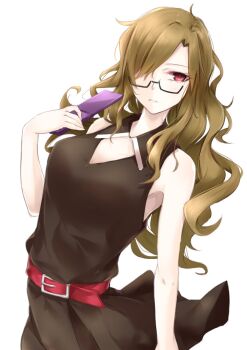 1girl alternate_costume belt belt_buckle black_dress breasts brown_hair buckle cellphone cleavage dress expressionless flip_phone glasses hair_over_one_eye highres holding holding_phone kiryuu_moeka leather_belt long_hair medium_breasts messy_hair narrowed_eyes phone red_belt red_eyes science_adventure semi-rimless_eyewear shiny_lips sleeveless sleeveless_dress solo steins;gate very_long_hair yakku