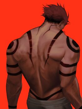 1boy arm_tattoo back back_tattoo black_panties commentary crossdressing crossdressing_(mtf) english_commentary from_behind grey_pants highres jujutsu_kaisen looking_down male_focus muscular muscular_male naocturnall panties pants plug_(piercing) red_background ryoumen_sukuna_(jujutsu_kaisen) signature simple_background solo sweatpants tattoo thong topless_male underwear veins veiny_arms