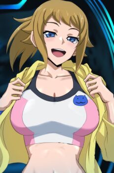 1girl :d blue_eyes breasts brown_hair cleavage collarbone commentary_request gundam gundam_build_fighters gundam_build_fighters_try hood hood_down hooded_jacket hoshino_fumina jacket jeminiremu large_breasts long_hair long_sleeves looking_at_viewer midriff navel open_clothes open_jacket open_mouth pink_sports_bra ponytail sidelocks smile solo sports_bra standing teeth two-tone_sports_bra upper_body upper_teeth_only white_sports_bra yellow_jacket