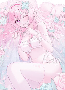 1girl absurdres bare_shoulders blue_flower blue_rose bra breasts cleavage closed_mouth commentary_request cross-laced_bra cyrene_(honkai:_star_rail) cyrene_(ripples_of_past_reverie)_(honkai:_star_rail) diamond-shaped_pupils diamond_(shape) finger_to_mouth fingernails flower frilled_bra frilled_panties frills hair_flower hair_intakes hair_ornament hair_spread_out hands_up highres honkai:_star_rail honkai_(series) index_finger_raised large_breasts long_hair looking_at_viewer lying multi-strapped_panties nail_polish navel on_side panties partial_commentary pillow pink_hair pink_nails pointy_ears purple_eyes rose shushing side-tie_panties sidelocks smile solo stomach strap_slip symbol-shaped_pupils thighhighs thighs underwear underwear_only very_long_hair white_bra white_panties white_thighhighs yagen_(user_mxur3238)