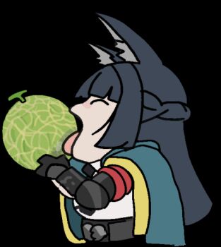 1girl animal_ear_fluff animal_ears animated animated_gif black_gloves black_hair black_necktie blunt_bangs chibi closed_eyes commentary cropped_torso english_commentary food fox_ears fox_girl from_side fruit gloves green_jacket hand_up holding holding_food honeydew_(fruit) hoshimi_miyabi jacket kiss licking long_hair looping_animation melon meme moddeang necktie open_clothes open_jacket saliva shirt solo tongue transparent_background white_shirt yoshi_and_toad_kissing_(meme) zenless_zone_zero
