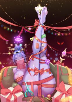 1girl absurdres areola_slip barefoot bell blurry blush bokeh bound bound_ankles bound_legs breasts card chinese_commentary christmas christmas_ornaments christmas_present collarbone colored_skin commentary_request depth_of_field dogma_zzzz feet flower frown gameplay_mechanics gift hair_bun hair_ornament hair_stick heart highres huge_breasts jingle_bell legs_together legs_up looking_at_viewer mouth_veil naked_ribbon one_eye_closed purple_hair purple_skin ribbon ribbon_bondage scissors shibari silk single_hair_bun slay_the_spire smoking_pipe snowflakes solo spider_web the_watcher_(slay_the_spire) tinsel veil