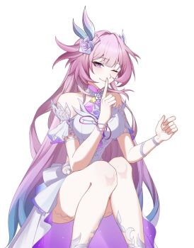 1girl ;) aqua_hair bare_shoulders breasts cyrene_(honkai:_star_rail) cyrene_(ripples_of_past_reverie)_(honkai:_star_rail) diamond-shaped_pupils diamond_(shape) dress finger_to_mouth flower hair_flower hair_ornament hashtag-only_commentary highres honkai:_star_rail honkai_(series) large_breasts long_hair looking_at_viewer multicolored_hair one_eye_closed pink_hair purple_eyes shushing sido_(sido_mrtsnkc) simple_background smile solo symbol-shaped_pupils thighs very_long_hair white_background white_dress white_hair