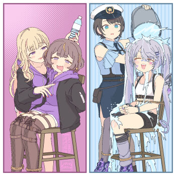 Rule 34 | 4girls, aki rosenthal, anya melfissa, aqua eyes, bandaid, bandaid on face, blonde hair, blush, boots, bottle, bound, brown hair, bucket, bucket of water, chair, closed eyes, crop top, cuffs, grey hair, hair ornament, hairclip, handcuffs, hat, highres, hololive, hololive english, hololive grand theft auto, hololive indonesia, hood, hoodie, jacket, koseki bijou, long hair, multiple girls, necktie, oozora subaru, oozora subaru (police), plastic bottle, police, police hat, police uniform, policewoman, short hair, shorts, sweat, tataki tuna, thigh boots, tied up (nonsexual), twintails, virtual youtuber, water bottle