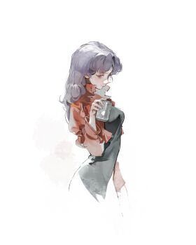 1girl absurdres black_dress blue_hair breasts can closed_mouth cowboy_shot dress highres holding holding_can jacket kanji_(nievart) katsuragi_misato light_smile long_hair long_sleeves medium_breasts neon_genesis_evangelion parted_bangs red_jacket sketch solo white_background