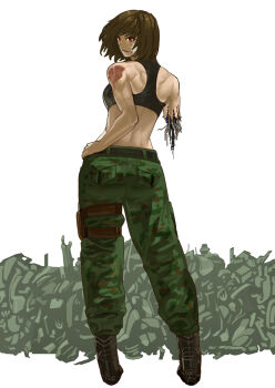 Rule 34 | 1girl, amputee, android, back, bandage on cheek, bandages, bare shoulders, boots, brown hair, cable, camouflage, commentary request, crop top, damaged, deep wound, hand on own hip, holster, injury, looking back, mechabare, original, red eyes, revision, sakamoto kengo, short hair, solo, thigh holster, thigh strap