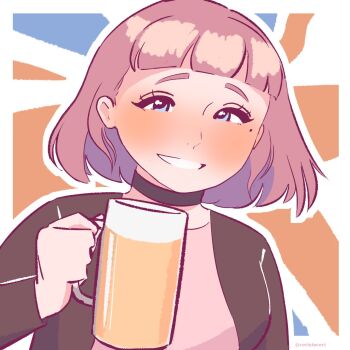 1girl 2026 alcohol amelia_(pathways) animification artist_name bag beer_mug black_jacket blue_eyes blunt_bangs blush bob_cut breasts cerisinceri choker clenched_teeth commentary earrings english_commentary eyebrows_hidden_by_hair female_focus flag grin highres jacket jewelry long_sleeves looking_at_viewer mole mole_under_eye mug outline pathways_(game) short_hair small_breasts smile teeth union_jack upper_body