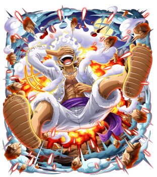 1boy abs bodskih cloud_hair covering_face explosion full_body gear_fifth hat injury jumping laughing monkey_d._luffy muscular non-web_source official_art one_piece one_piece_treasure_cruise open_mouth outdoors sandals scar scar_on_chest short_hair shorts smile solo straw_hat thunder transparent_background unworn_hat unworn_headwear white_hair