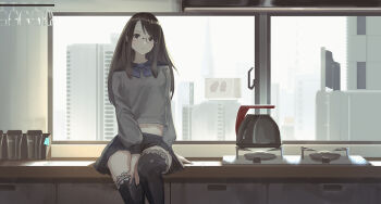 1girl backlighting between_legs black_skirt black_thighhighs breasts brown_eyes brown_hair cityscape coffee_pot commentary english_commentary glasses grey_serafuku hand_between_legs juusan_kihei_bouei_ken kitchen lace lace-trimmed_legwear lace_trim long_hair looking_at_viewer midriff navel neckerchief on_counter pale_skin pleated_skirt purple_neckerchief rimless_eyewear school_uniform serafuku skirt small_breasts solo swept_bangs thighhighs vafar7 window yakushiji_megumi