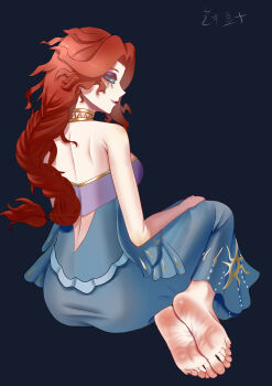 1girl absurdres barefoot blue_eyes feet highres identity_v long_hair looking_at_viewer looking_back margaretha_zelle red_hair soles toes yishudouzi