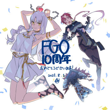 1boy 2girls angra_mainyu_(fate) angra_mainyu_(third_ascension)_(fate) anniversary armlet armpit_cutout armpits arms_up bandaged_arm bandaged_leg bandages bazett_fraga_mcremitz blue_hair bodysuit breasts caren_hortensia caren_hortensia_(amor_caren)_(first_ascension) chain clothing_cutout commentary_request confetti dark-skinned_male dark_skin dated dress fate/grand_order fate_(series) feet_up_heels_up floating_hair foot_up_heel_up full-body_tattoo full_body gladiator_sandals glowing glowing_hair glowing_tattoo gold_armlet grin heart indian_style jewelry large_breasts long_hair looking_at_viewer low-cut_armhole low_ponytail manannan_mac_lir_(second_ascension)_(fate) medium_breasts multicolored_bodysuit multiple_girls noko_morokoshi number-shaped_hands parted_bangs pelvic_curtain ponytail red_eyes red_hair ribbed_bodysuit sandals short_dress short_hair simple_background sitting smile tattoo topless_male two-tone_bodysuit wavy_hair white_background white_dress white_hair yellow_eyes