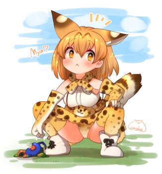 1girl animal_ears bag blonde_hair bow bowtie cat_ears cat_girl cat_tail cellien_(kemono_friends) coroha elbow_gloves extra_ears gloves kemono_friends panties serval_(kemono_friends) shirt shoes short_hair simple_background skirt sleeveless sleeveless_shirt stuffed_animal stuffed_toy tail underwear yellow_eyes