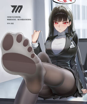 1girl absurdres black_hair black_jacket black_pantyhose black_skirt blue_archive bm_(bm364364) breasts chinese_text commentary_request desk feet feet_against_glass foot_focus frown hair_behind_ear halo highres indoors jacket large_breasts long_hair millennium_science_school_logo no_shoes on_desk pantyhose red_eyes rio_(blue_archive) sitting skirt solo sweater translated turtleneck turtleneck_sweater v-shaped_eyebrows very_long_hair white_sweater