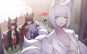 ! 4girls ? absurdres akagi-chan_(azur_lane) amagi-chan_(azur_lane) amagi_(azur_lane) animal_ear_fluff animal_ears azur_lane bell black_kimono black_thighhighs blue_eyes bob_cut breasts brown_hair cleavage commentary_request dated_commentary flat_chest fox_ears fox_girl fox_tail hair_bell hair_ornament highres japanese_clothes jingle_bell kaga_(azur_lane) kimono kitsune large_breasts long_hair multiple_girls multiple_tails one_eye_closed open_mouth samip short_hair tail teeth thighhighs upper_teeth_only white_hair white_kimono
