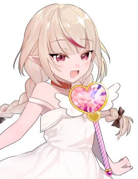 1girl :d bare_shoulders belt_collar black_ribbon blunt_bangs blush bracelet braid collar collarbone dress fang grey_hair hair_ribbon heart_wand highres jewelry long_hair low_twin_braids makaino_ririmu makaino_ririmu_(3rd_costume) multicolored_hair nijisanji open_mouth pointy_ears red_collar red_eyes red_streaks ribbon shiroiro_(moo) sidelocks simple_background sleeveless sleeveless_dress smile solo standing strap_slip streaked_hair sundress twin_braids two-tone_hair upper_body virtual_youtuber white_background white_dress winged_wand