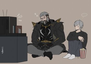 ... 2boys abs bara black_beard black_gloves black_hair black_jacket black_shirt black_socks closed_eyes commentary crossed_arms doodlefish english_commentary facial_scar food gloves grey_beard grey_hair grey_pants hands_on_own_leg highres jacket jewelry leather leather_jacket looking_at_another male_focus mature_male multicolored_hair multiple_boys multiple_rings muscular muscular_male nose_bubble notice_lines pants pectoral_cleavage pectorals pompey_(zenless_zone_zero) popcorn ring scar scar_on_cheek scar_on_face shirt simple_background sitting skin_tight sleeping socks speech_bubble spoken_ellipsis television white_socks wise_(zenless_zone_zero) zenless_zone_zero zzz