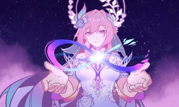 1girl amphoreus_(honkai:_star_rail) artist_name breasts bridal_veil commentary cyrene_(demiurge)_(honkai:_star_rail) cyrene_(honkai:_star_rail) diamond-shaped_pupils diamond_(shape) dress english_commentary flower hair_flower hair_ornament halo highres honkai:_star_rail honkai_(series) large_breasts long_hair mobius_strip pink_hair pointy_ears purple_eyes sky smile solo star_(sky) starry_sky symbol-shaped_pupils twitter_username veil very_long_hair white_dress yumeria_ave